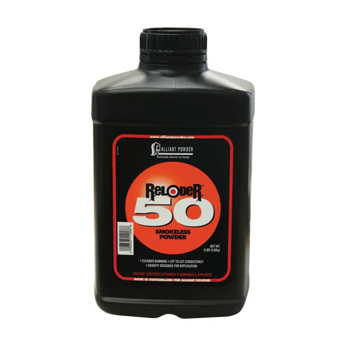 Alt text: Alliant Powder Reloader 50 smokeless powder container, highlighting clean burning and consistency features.