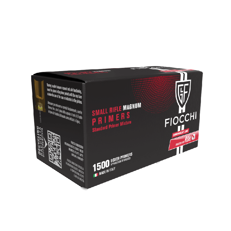 Box of Fiocchi small rifle magnum primers; contains 1500 standard boxer primers made in Italy for reliable performance.