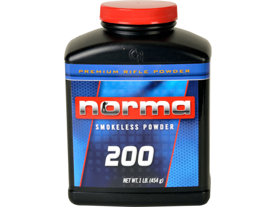 Bottle of Norma 200 smokeless powder for rifles, featuring a red cap and premium branding. Net weight: 1 lb (454 g).
