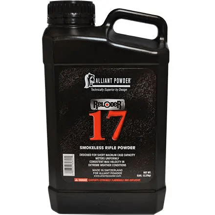 Alliant Powder Reloder 17 smokeless rifle powder in a black container designed for precision shooting.