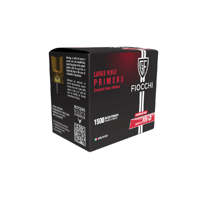 Fiocchi large rifle primers box, containing 1500 standard primer mixtures for reliable ammunition performance.
