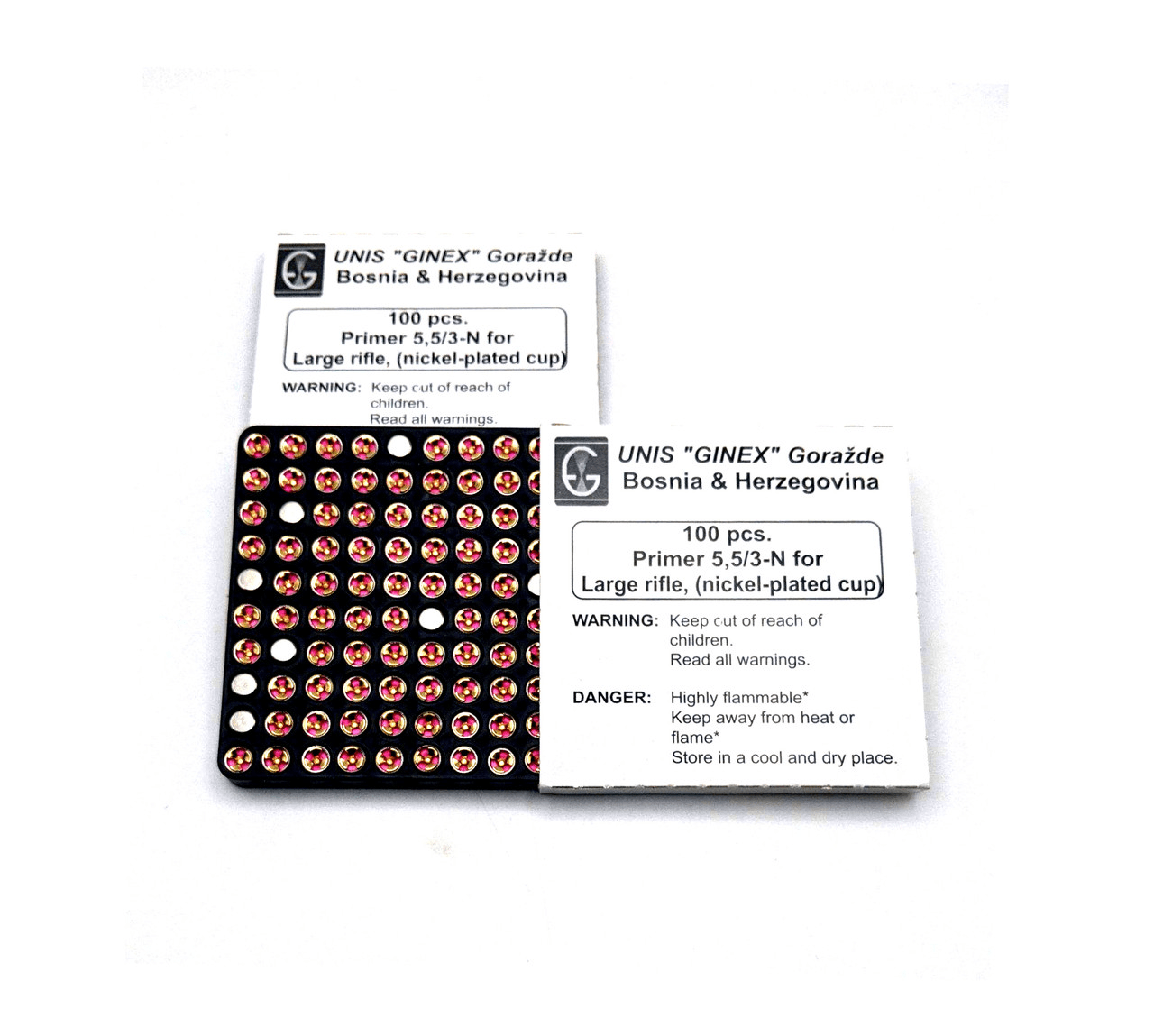 Close-up of UNIS GINEX large rifle primers with safety warnings and packaging details from Bosnia and Herzegovina.