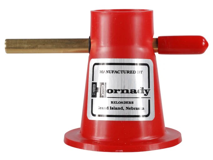 Hornady reloading tool, red cone-shaped body with brass handle, manufactured by Hornady Reloaders, Grand Island, Nebraska