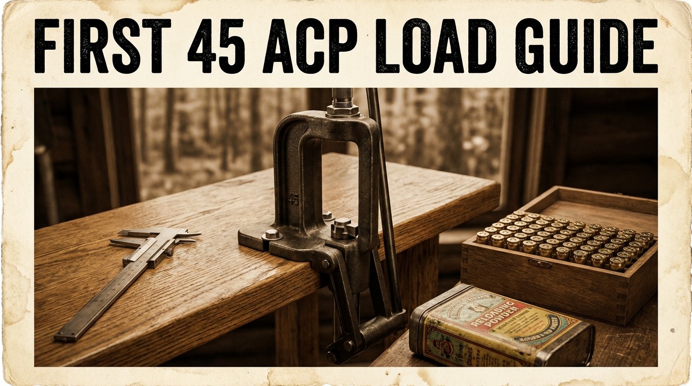 A vintage .45 ACP loading guide, featuring a reloading press, caliper, ammo box, and reloading powder can on a wooden table.