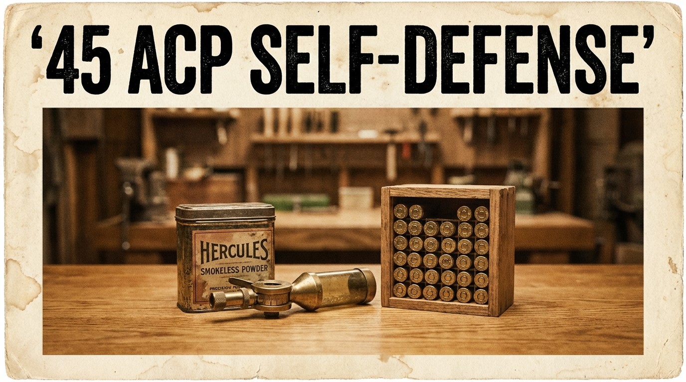 Vintage 45 ACP self-defense ammunition setup with Hercules smokeless powder and brass cartridges on a wooden table.