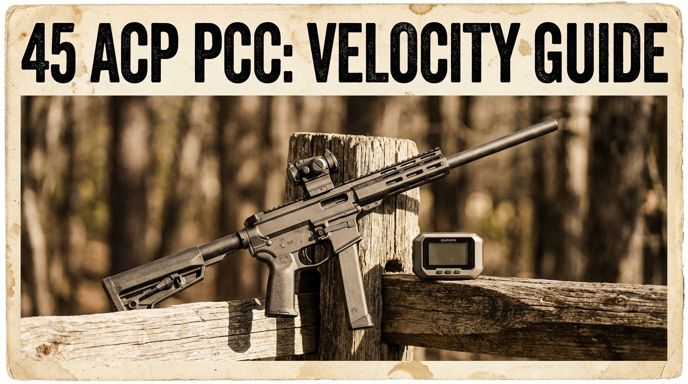 45 ACP PCC rifle on a wooden fence with a velocity measurement device, showcasing firearm performance.