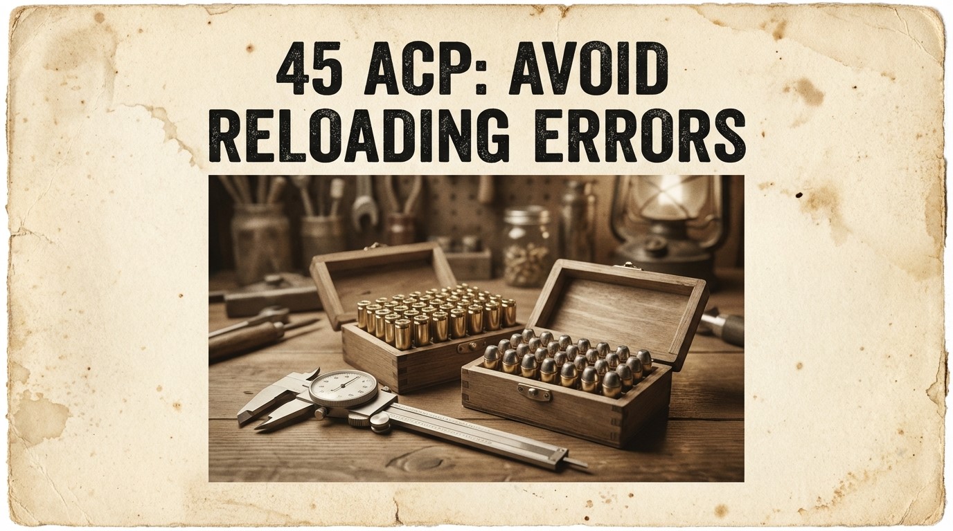 45 ACP bullets in wooden boxes with a caliper, highlighting reloading tips to avoid errors.