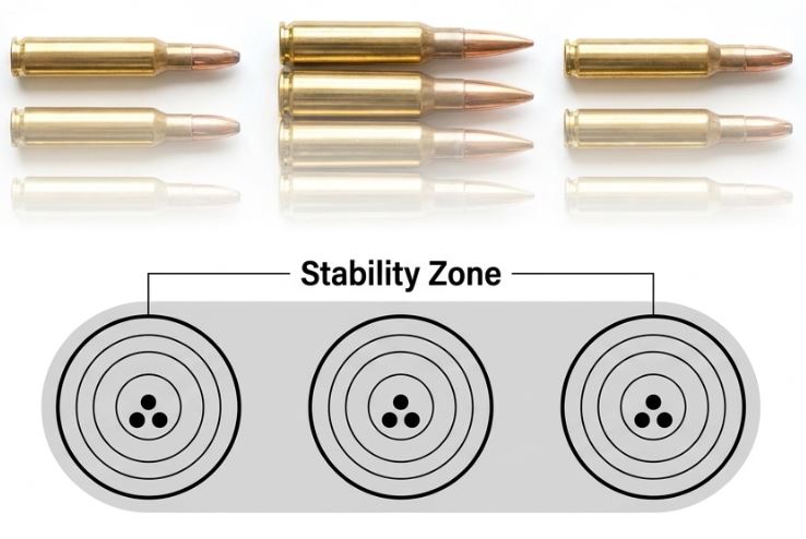 Three pairs of rifle cartridges above three targets grouped within a shared Stability Zone, illustrating consistent accuracy across different bullet types