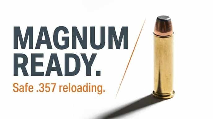 Magnum Ready. Safe .357 reloading. — promotional graphic featuring a .357 Magnum cartridge