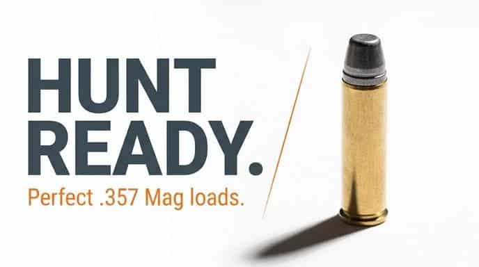 Hunt Ready. Perfect .357 Mag loads. A single .357 Magnum cartridge stands upright against a white background