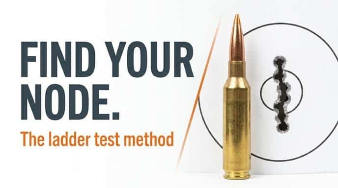 Find Your Node: The Ladder Test Method — rifle bullet standing upright in front of a target showing a vertical shot group