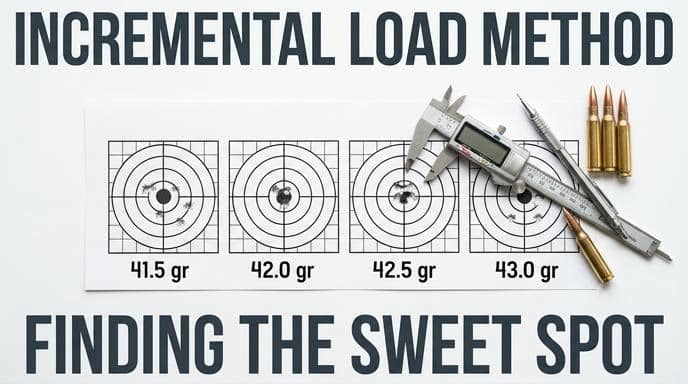 Incremental Load Method: Finding the Sweet Spot, showing four targets with bullet groupings at 41.5, 42.0, 42.5, and 43.0 grains alongside calipers and cartridges