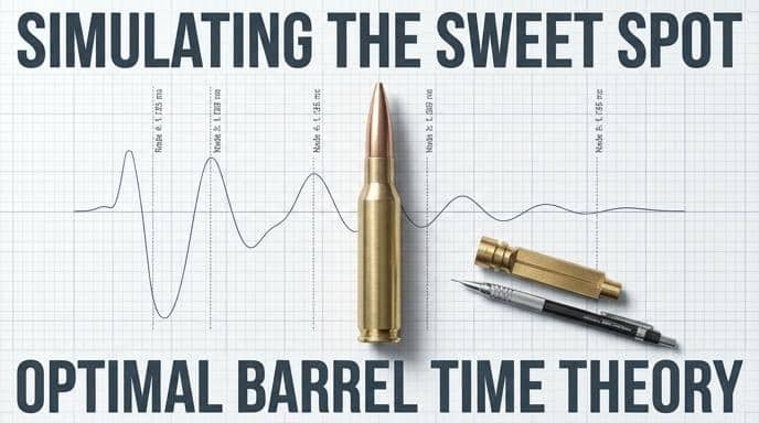 Illustration of optimal barrel time theory: a rifle cartridge and tuner over a vibration waveform graph with node markers, titled "Simulating the Sweet Spot