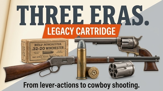 Three Eras. Legacy Cartridge: from lever-actions to cowboy shooting, featuring .32-20 Winchester ammunition, a revolver, and a lever-action rifle
