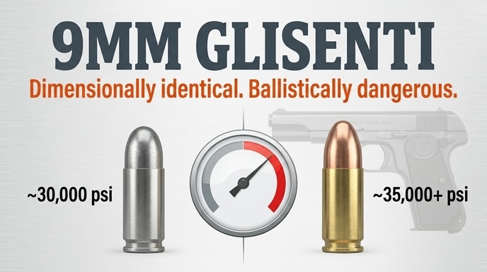 9mm Glisenti: dimensionally identical, ballistically dangerous. Rated ~30,000 psi versus common 9mm loads at ~35,000+ psi