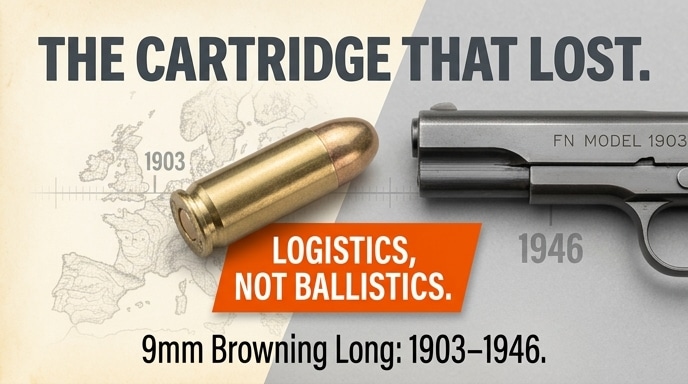Illustration titled "The Cartridge That Lost," showing a 9mm Browning Long round and FN Model 1903 pistol over a European map, with text: Logistics, not ballistics. 9mm Browning Long: 1903-1946
