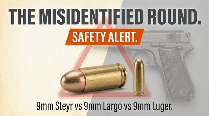 Safety alert graphic titled "The Misidentified Round," comparing 9mm Steyr vs 9mm Largo vs 9mm Luger cartridges, with a pistol image