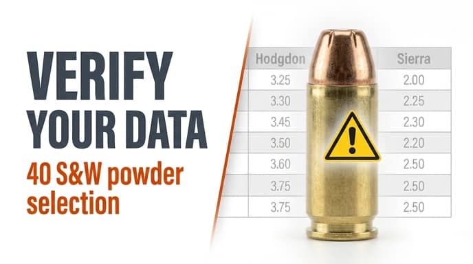 Warning to verify reloading data: table compares Hodgdon and Sierra powder charges for 40 S&W