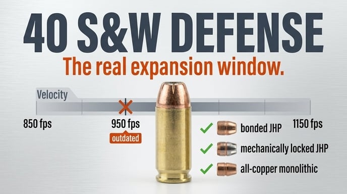 Chart on .40 S&W defense ammo: real expansion window is 850-1150 fps, not 950 fps; effective bullet types are bonded JHP, mechanically locked JHP, and all-copper monolithic