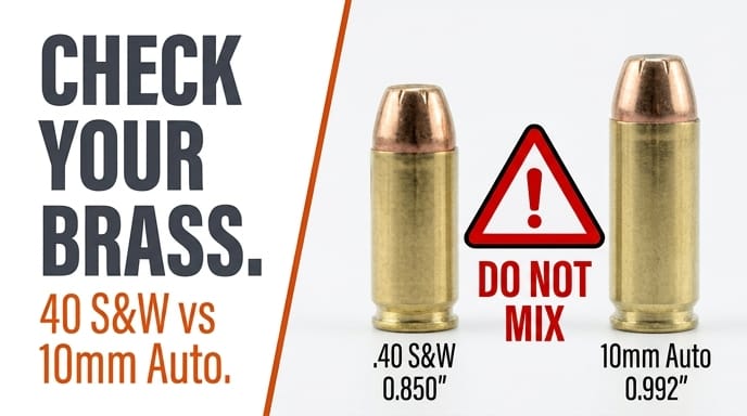 Comparison of .40 S&W (0.850 inch) and 10mm Auto (0.992 inch) cartridges side by side, with a warning symbol reading "do not mix," illustrating that the two similar-looking rounds should not be confused
