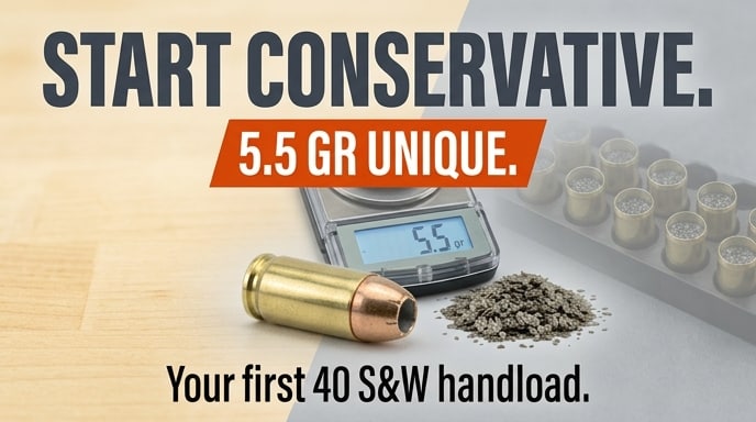 Start conservative. 5.5 gr Unique. Your first 40 S&W handload