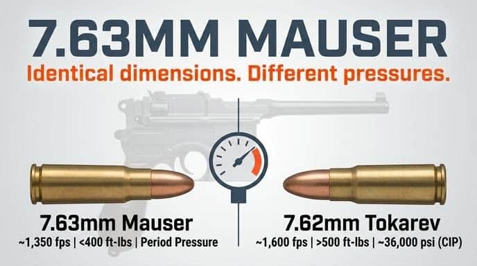 7.63mm Mauser vs 7.62mm Tokarev: identical dimensions, different pressures. Mauser ~1,350 fps, 500 ft-lbs, ~36,000 psi (CIP)