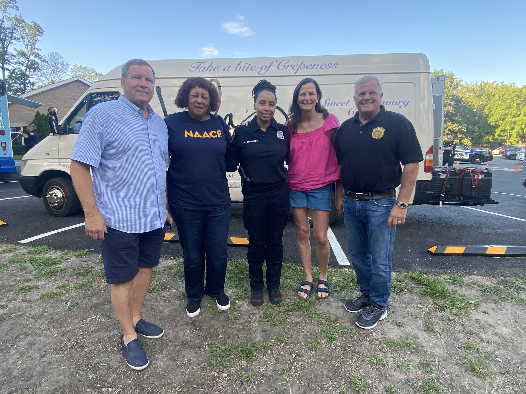 (PHOTO: City of Rye Police Advisory Board members Bart DiNardo, Ingraham Taylor, P.O. Latoya Anderson, Chair Lisa Dominici, Public Safety Commissioner Mike Kopy on Tuesday night.)