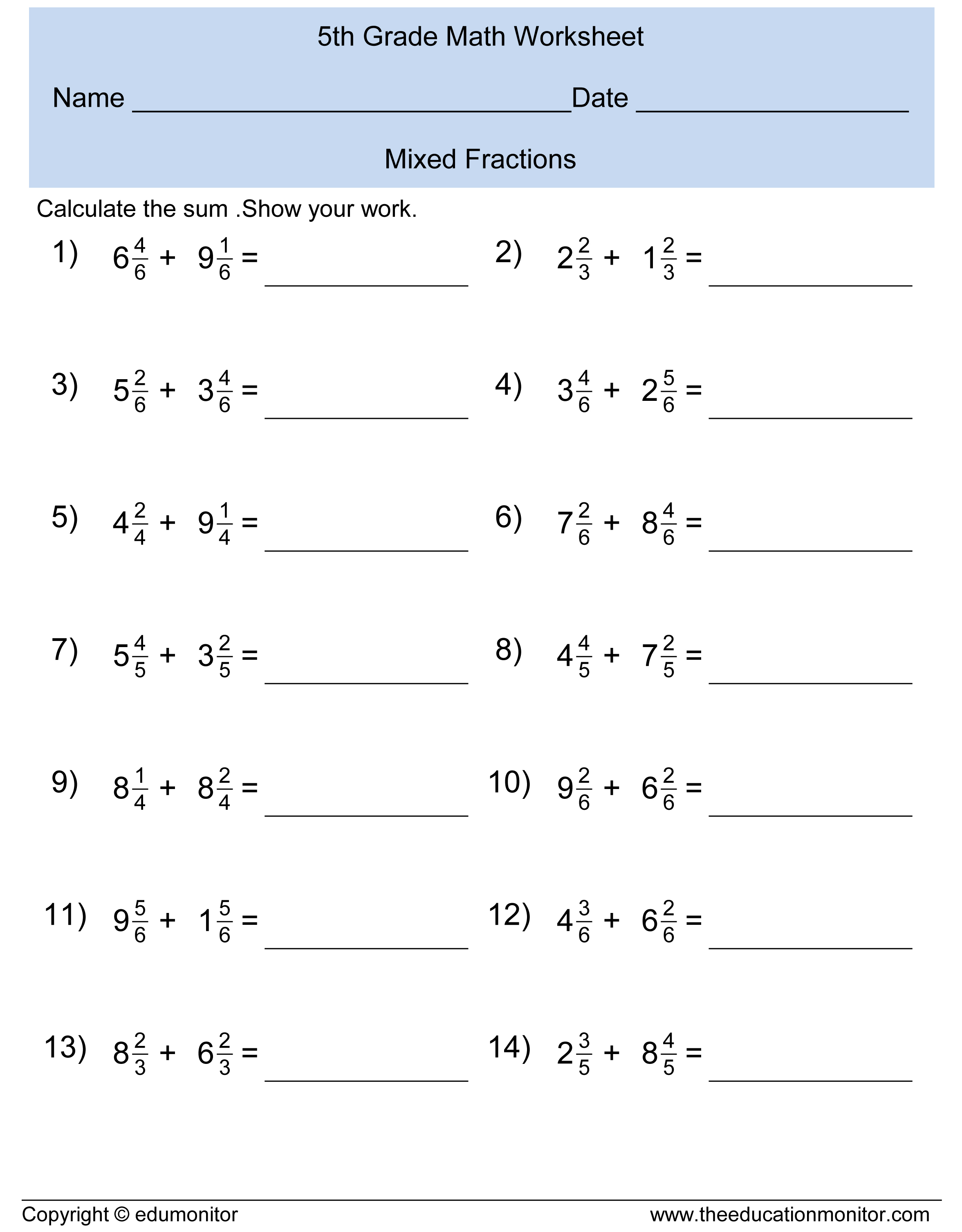 mixed fractions worksheets for 5th graders