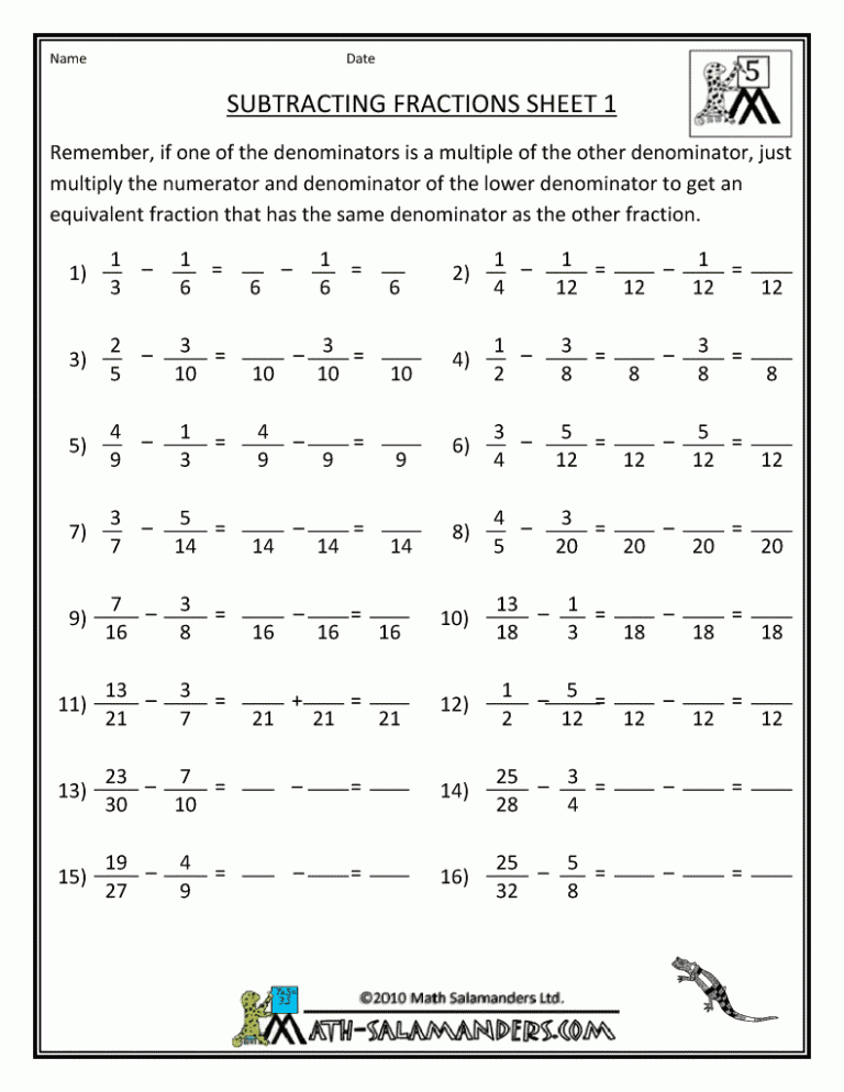 subtracting fractions practice sheets
