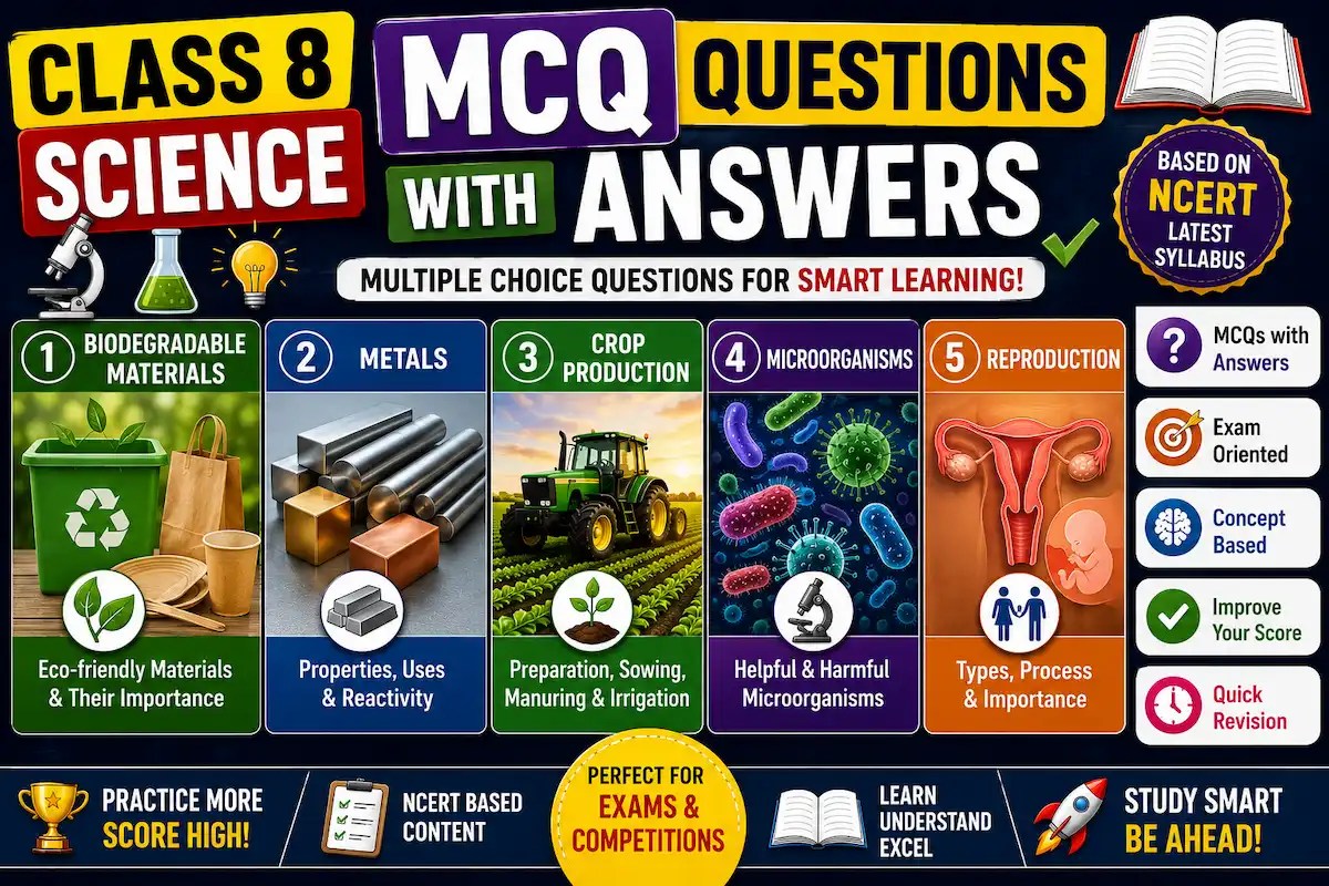 Class 8 Science MCQ Questions with Answers Biodegradable Materials, Metals, Crop Production, Microorganisms & Reproduction, myschoolstudy.com
