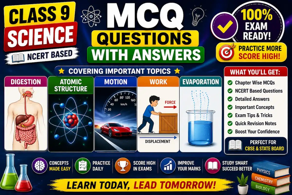 Class 9 Science MCQ Questions with Answers Digestion, Atomic Structure, Motion, Work & Evaporation, myschoolstudy.com