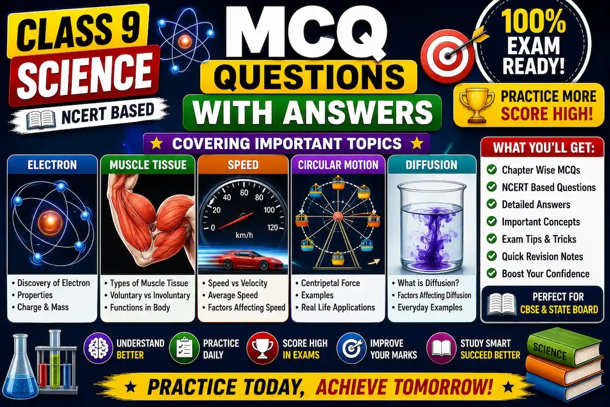 Class 9 Science MCQ Questions with Answers Electron, Muscle Tissue, Speed, Circular Motion & Diffusion, myschoolstudy.com