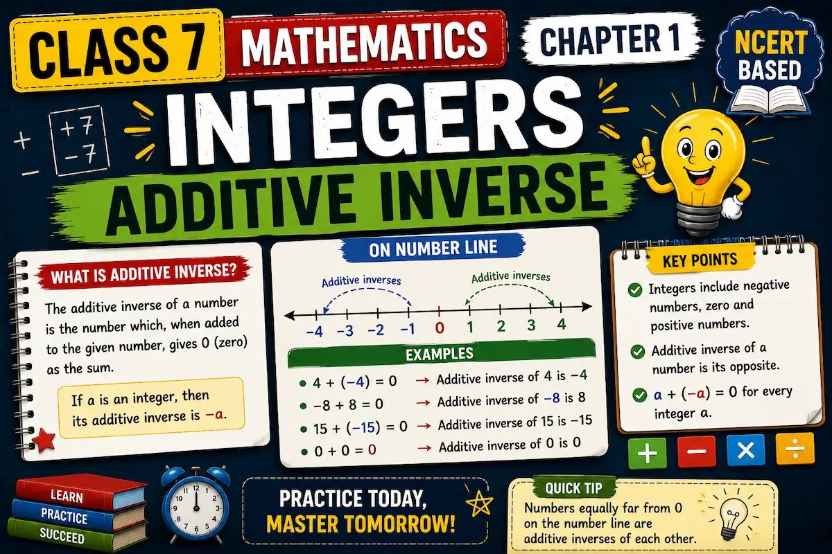 Class 7 Maths Chapter 1 Integers additive inverse, myschoolstudy.com