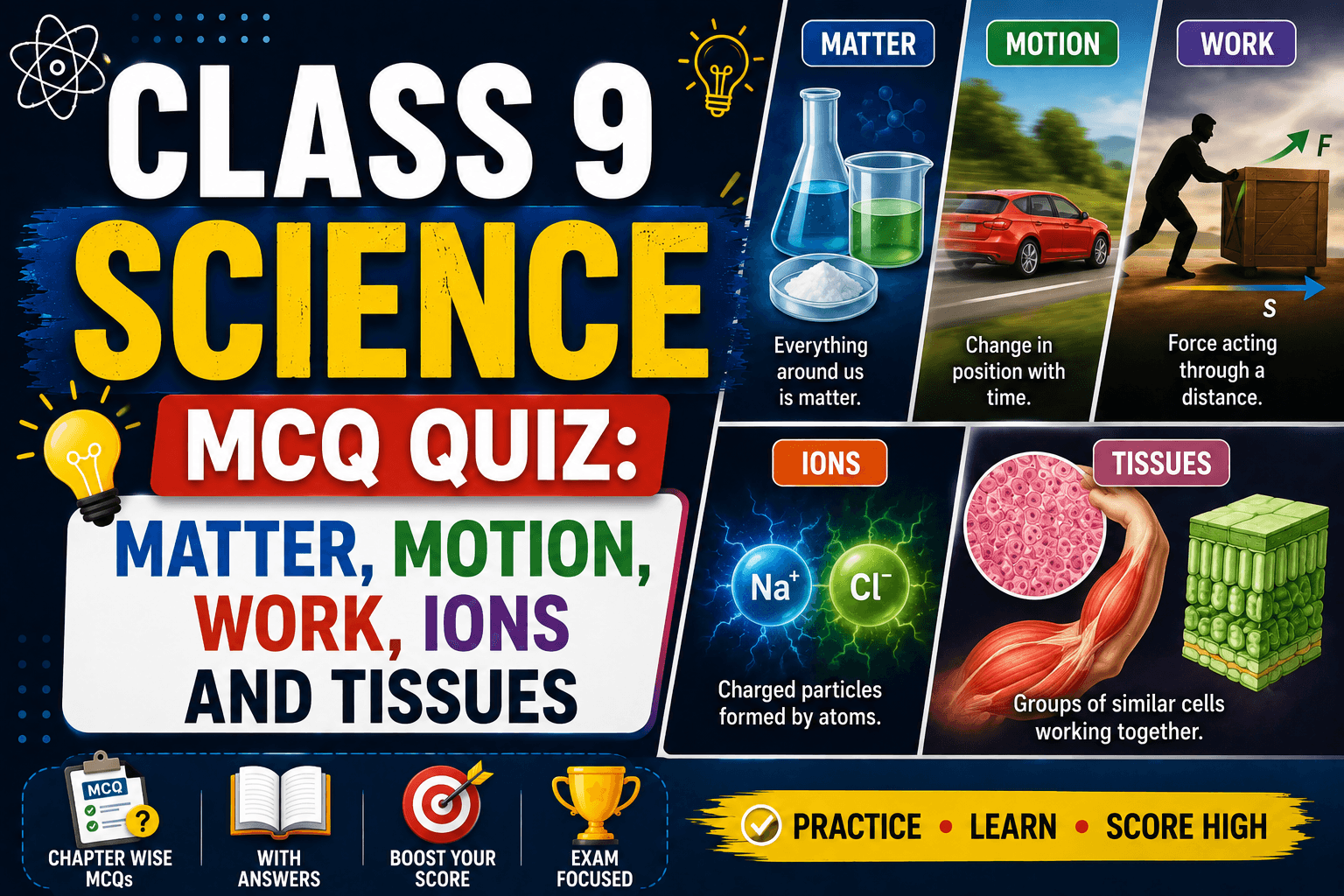 Class-9-Science-Matter-Motion-Work-Ions-and-Tissues, myschoolstudy.com