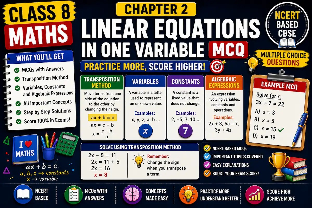 Class 8 Maths Chapter 2 Linear Equations in One Variable, transposition method, variables, constants, and algebraic MCQs, mycchoolstudy.com