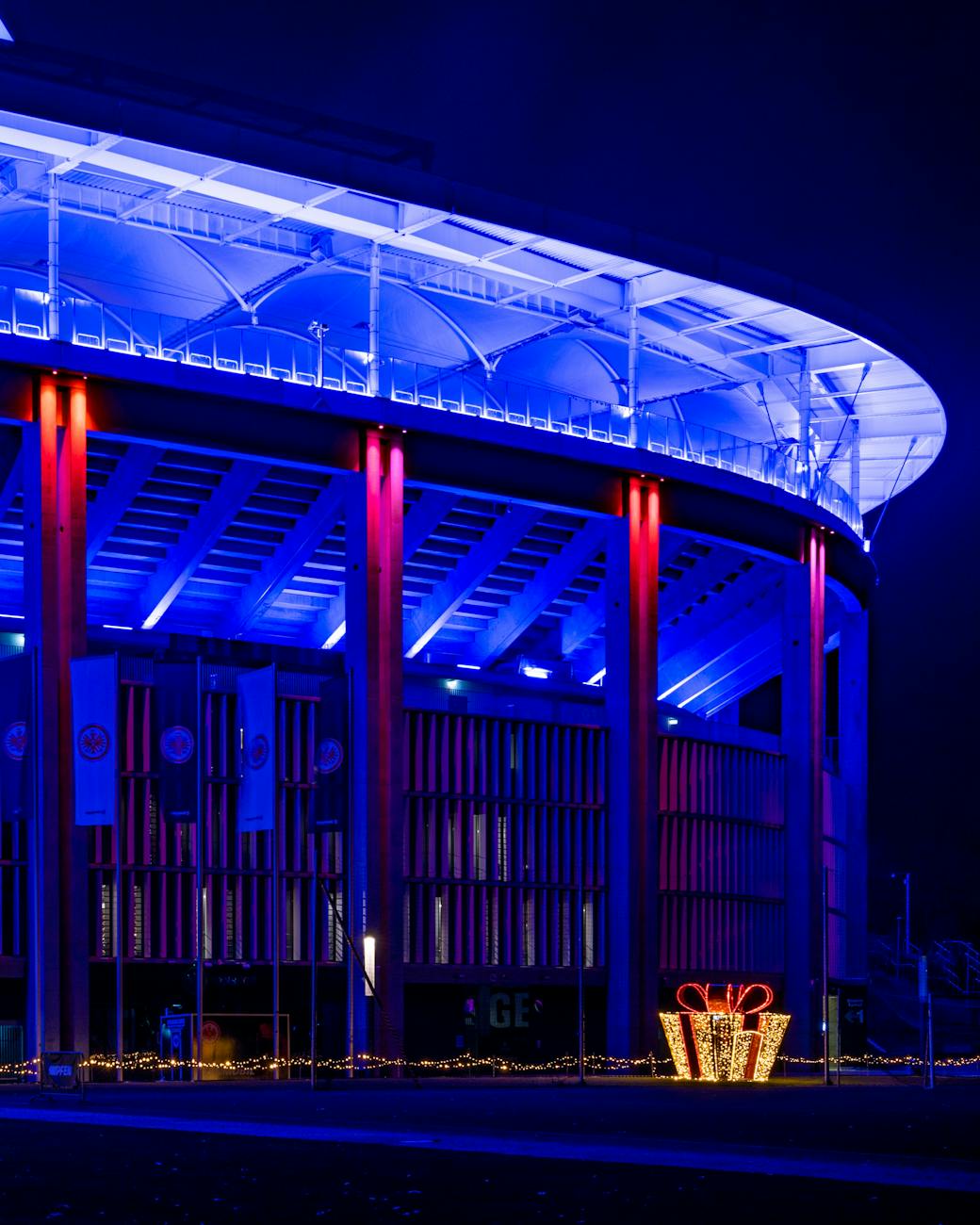 christmas decorations and illumination of deutsche bank park stadium in frankfurt