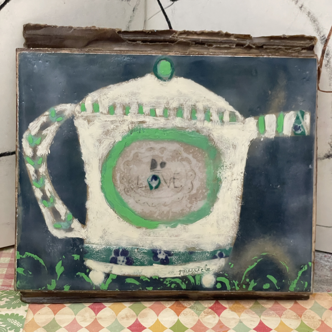 Do Love Kettle, Encaustic Folk Art Painting