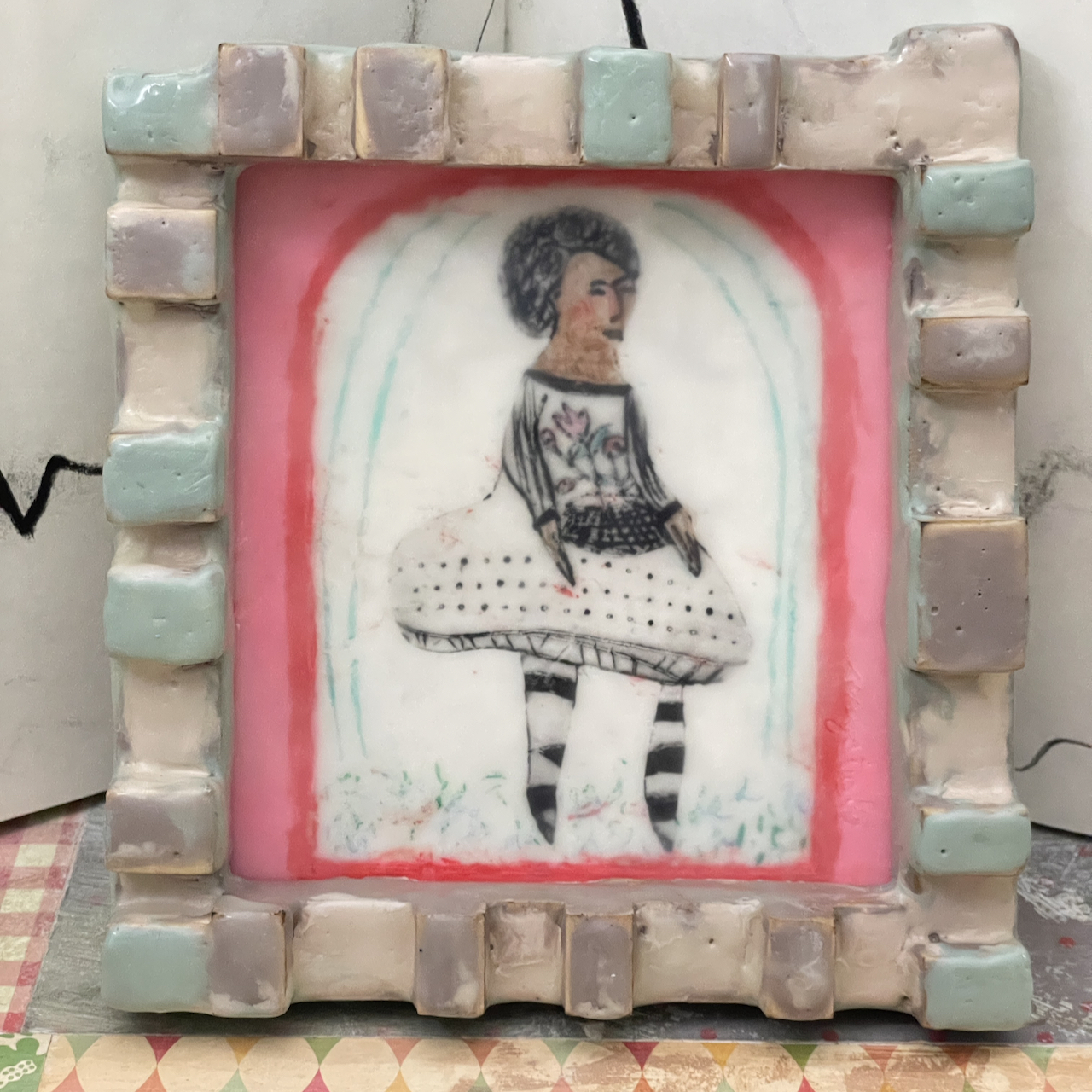 Flower Basket, Encaustic Folk Art Painting in Handbuilt Frame