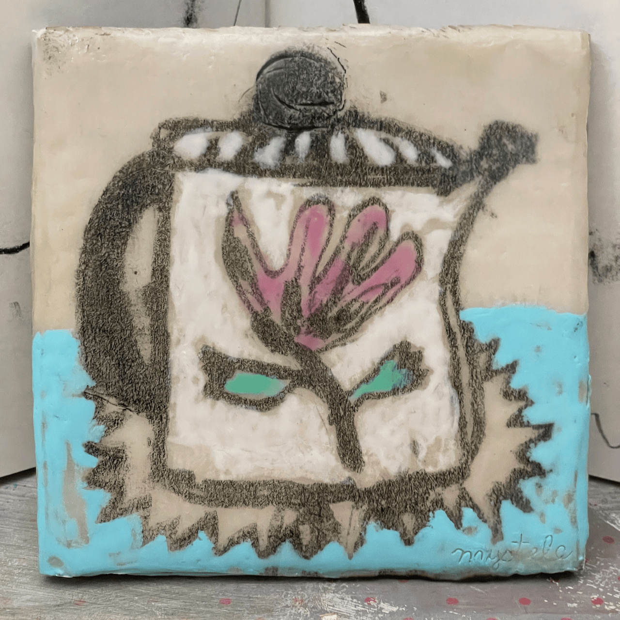 Flower Kettle, Encaustic Folk Art Painting