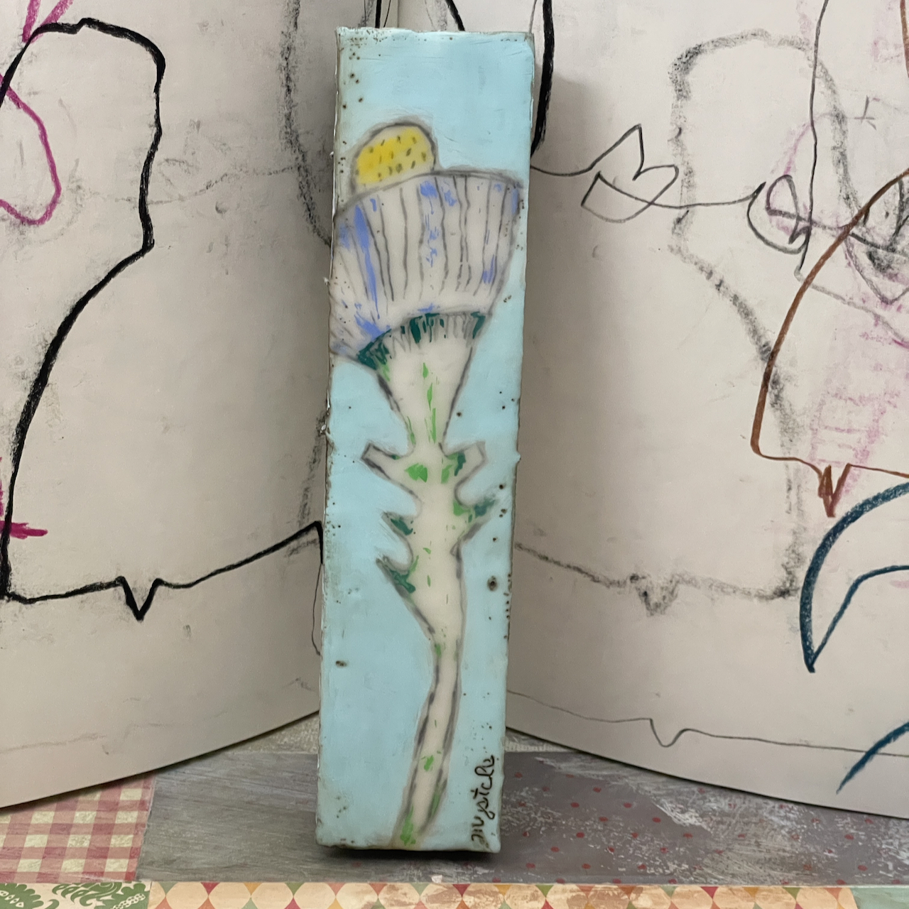 Flower on Blue, Encaustic Folk Art Painting