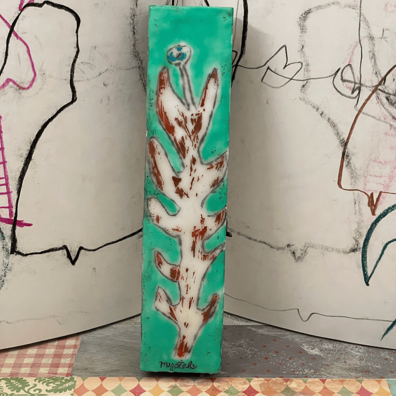 Flower on Green, Encaustic Folk Art Painting