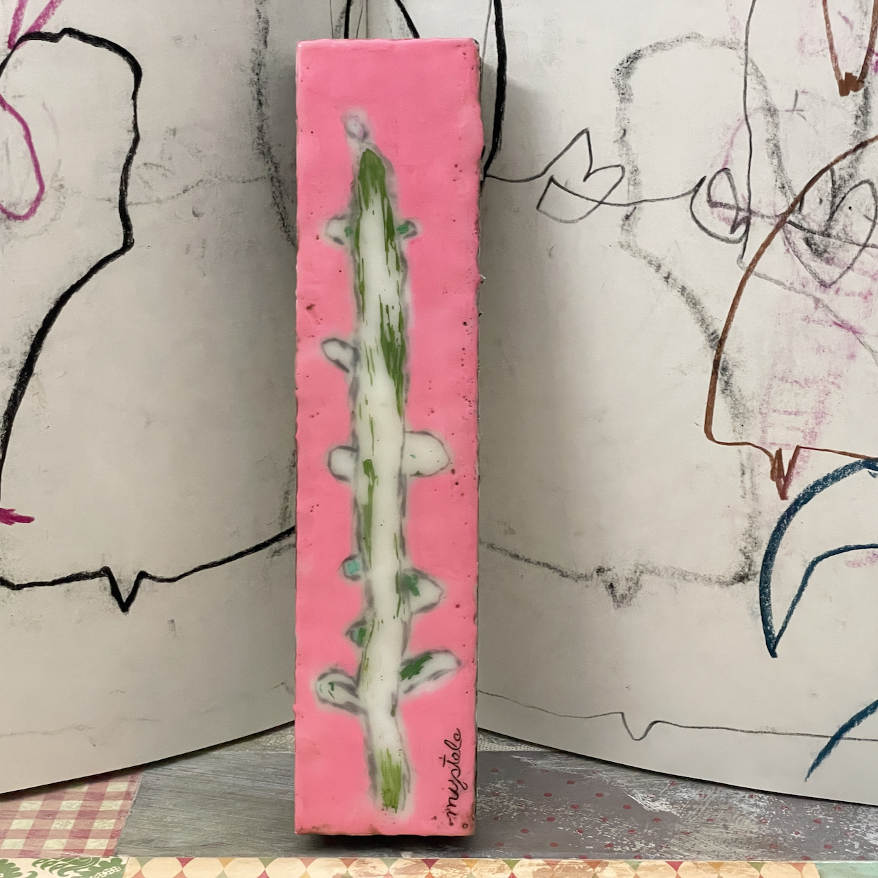 Flower on Pink, Encaustic Folk Art Painting