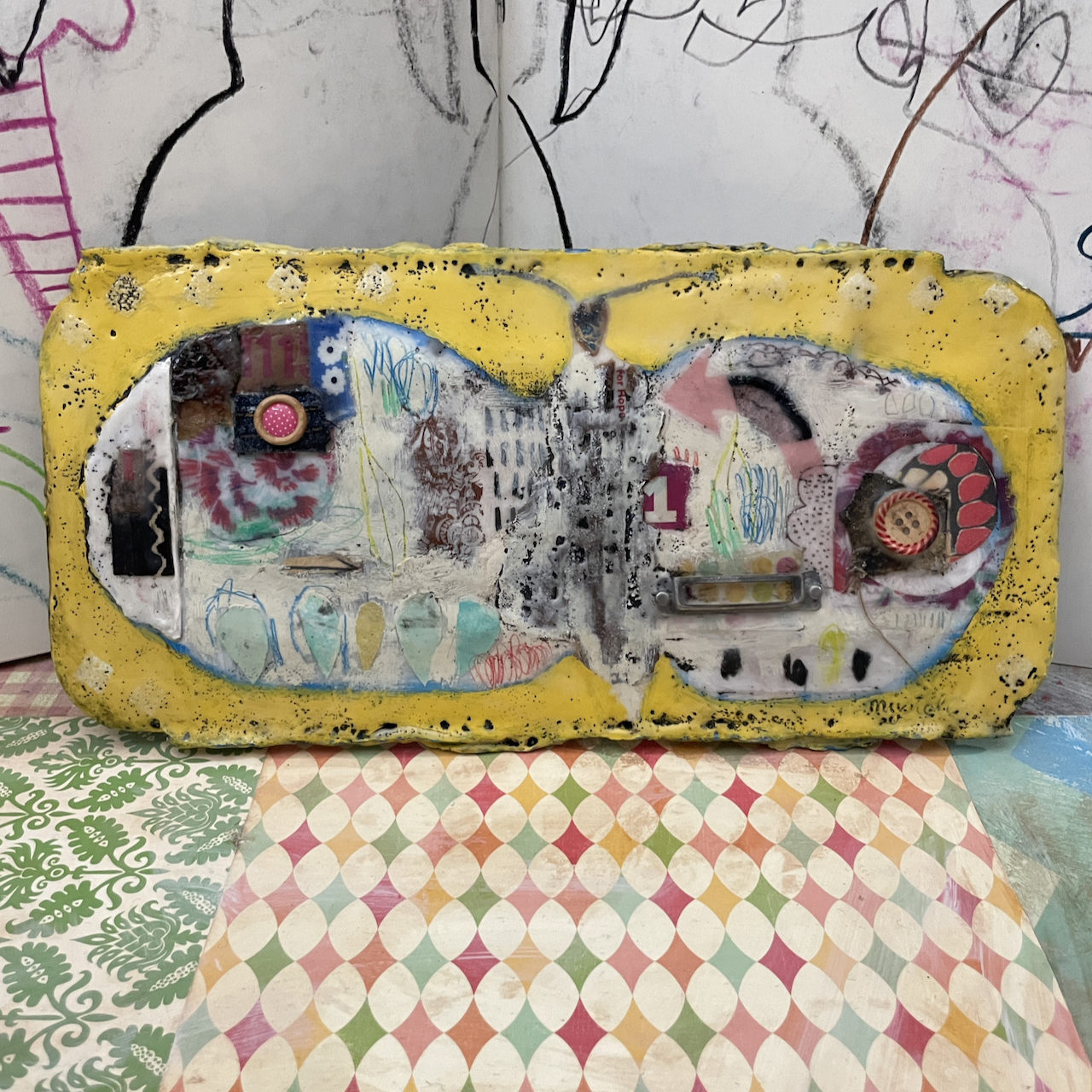 Flutterbug Collage, Encaustic Folk Art Painting