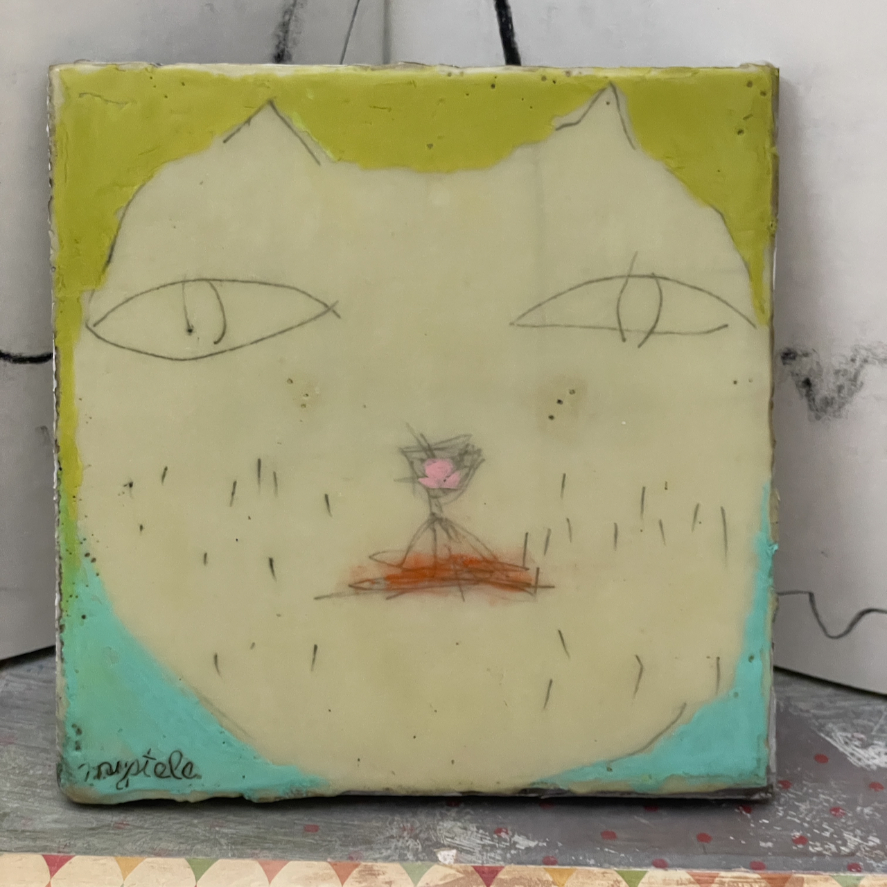 Messy Cat, Encaustic Folk Art Painting