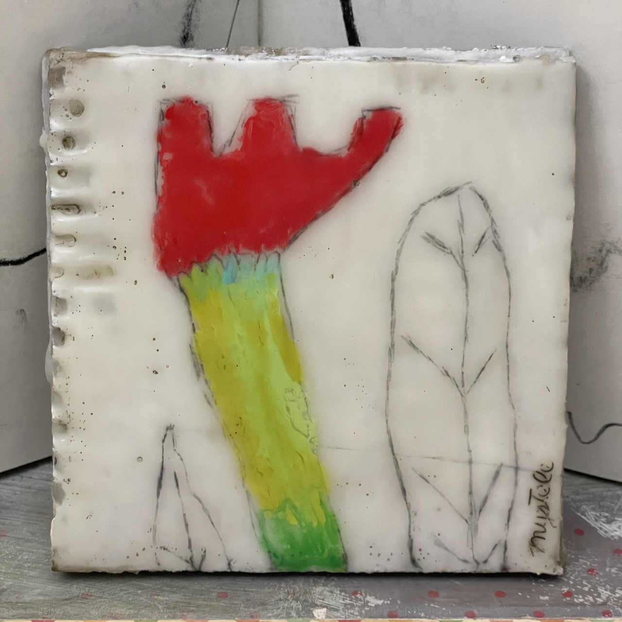 The Flower up close, Encaustic Folk Art Painting