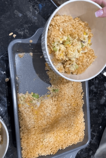 rice crispy chicken casserole in baking dish