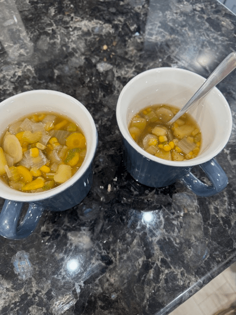 Comforting bowl of turkey noodle soup with carrots, celery, and broth.