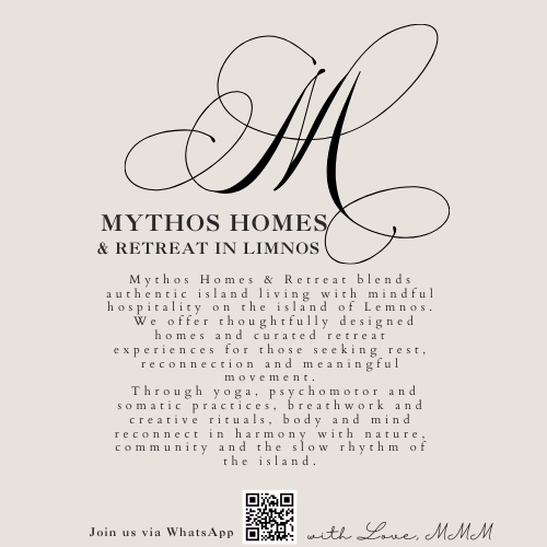 Mythos Homes & Retreat Limnos manifesto poster with calligraphic M logo