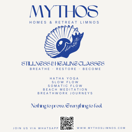 Mythos Homes & Retreat shell logo for stillness and healing classes in Limnos