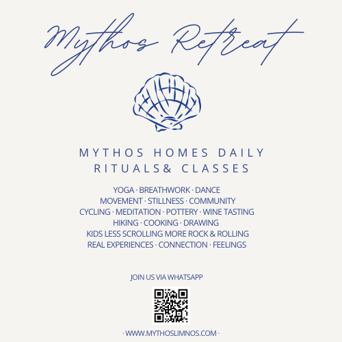 Mythos Retreat daily rituals and classes poster with shell illustration